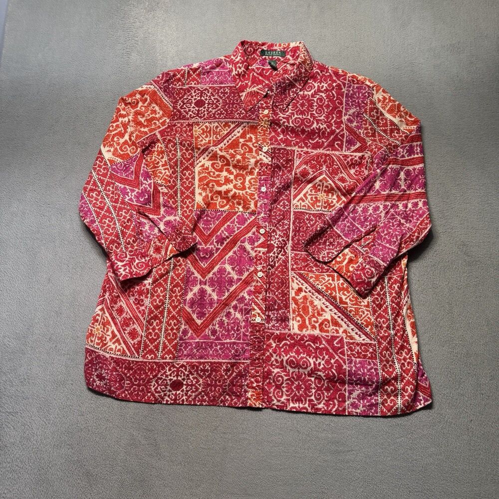 Lauren Ralph Lauren Womens 2X Shirt Abstract Boho Red Pink Button Up 3/4 Sleeve